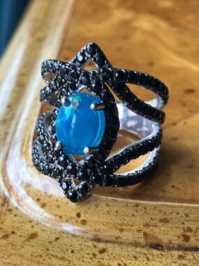 Blue Ethiopian Opal Black Spinel Sterling Silver Ring Size 6